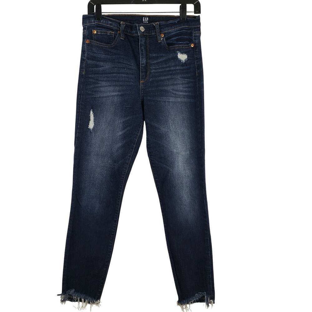GAP Denim Women's‎ 29 High Rise Crop Skinny Jeans Dark Wash Distressed Raw Hem